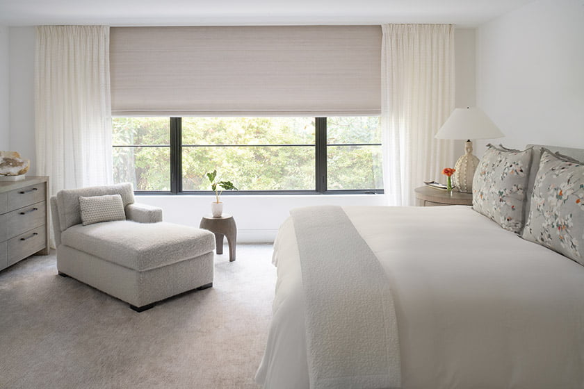 Chaise by O’Henry House, Conrad shades and Romo drapes by Jose Goncalves & Co