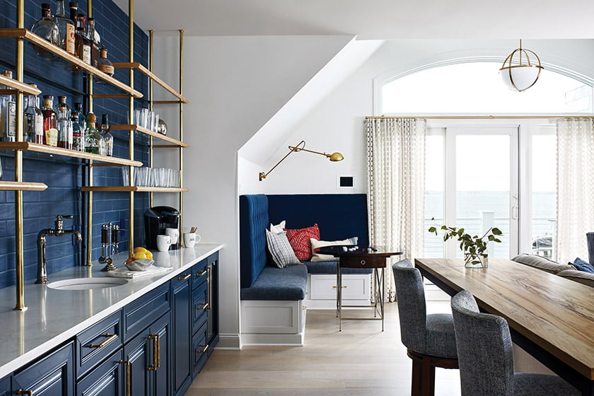 A clean-lined, second-level family room boasts