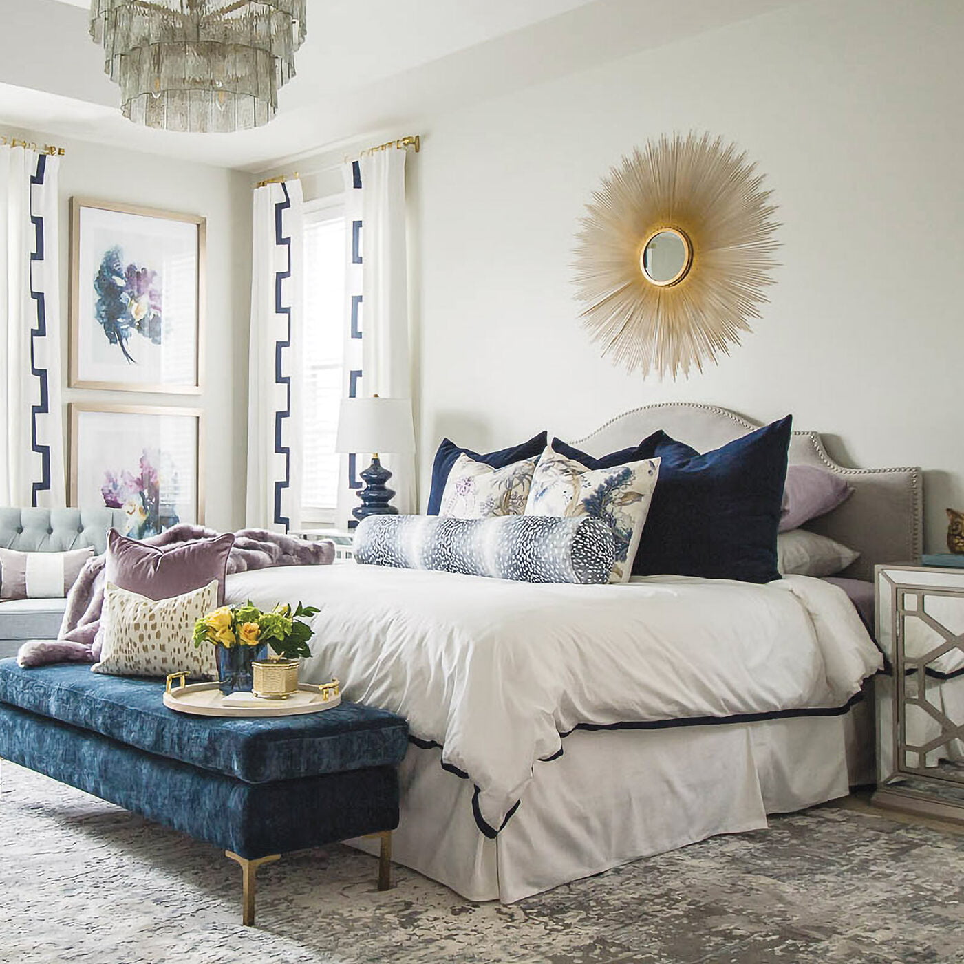 Schumacher floral fabric, fashioned into pillows, bedroom.