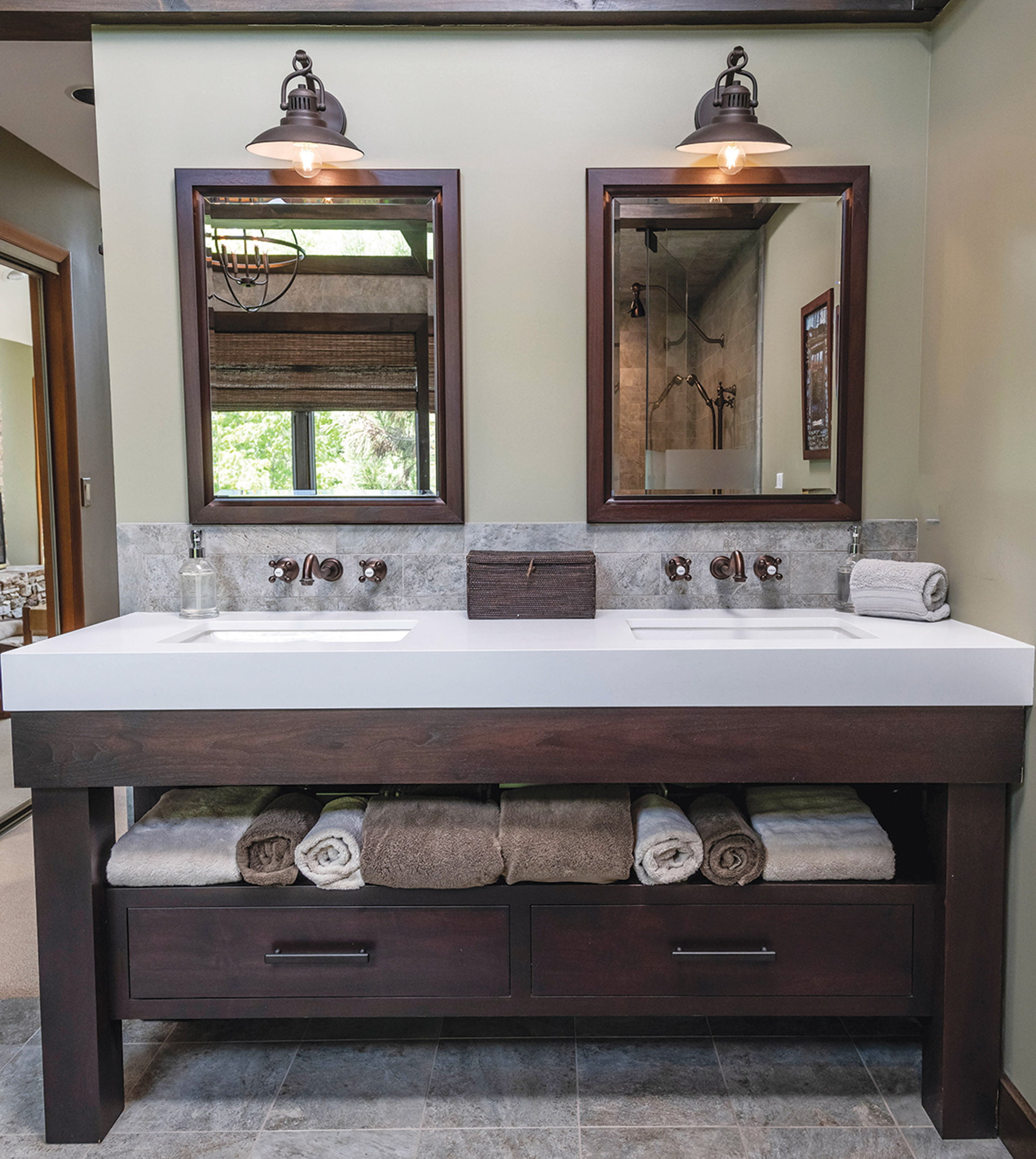 Vanity topped with thick quartz counter