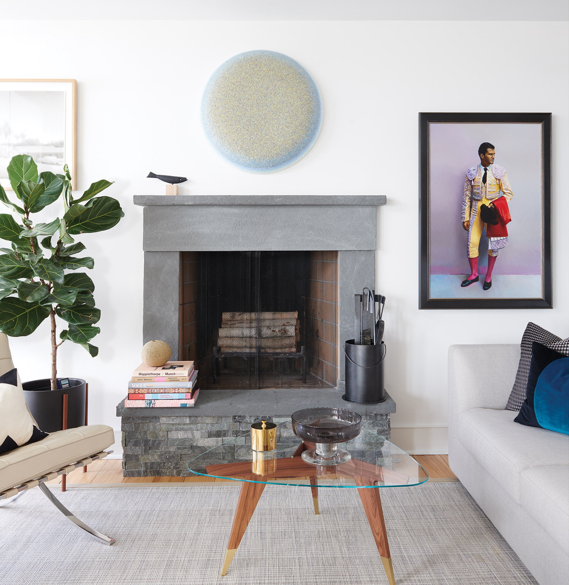 Glass sculpture by Vincent Beaurin, living room fireplace.