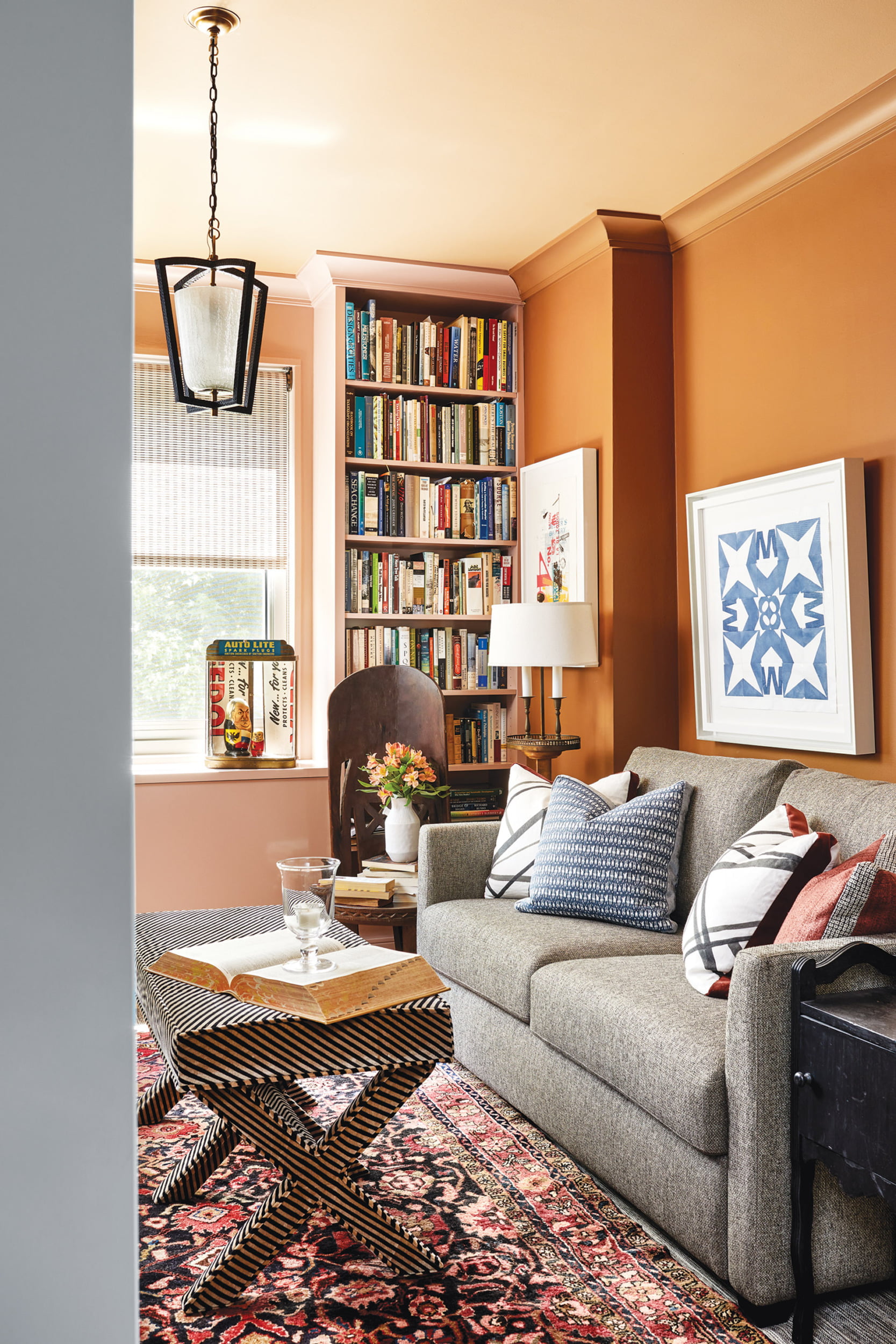 Study walls in Greenfield Pumpkin, ceiling in Roxbury Caramel and built-ins in Monticello Rose, all by Benjamin Moore