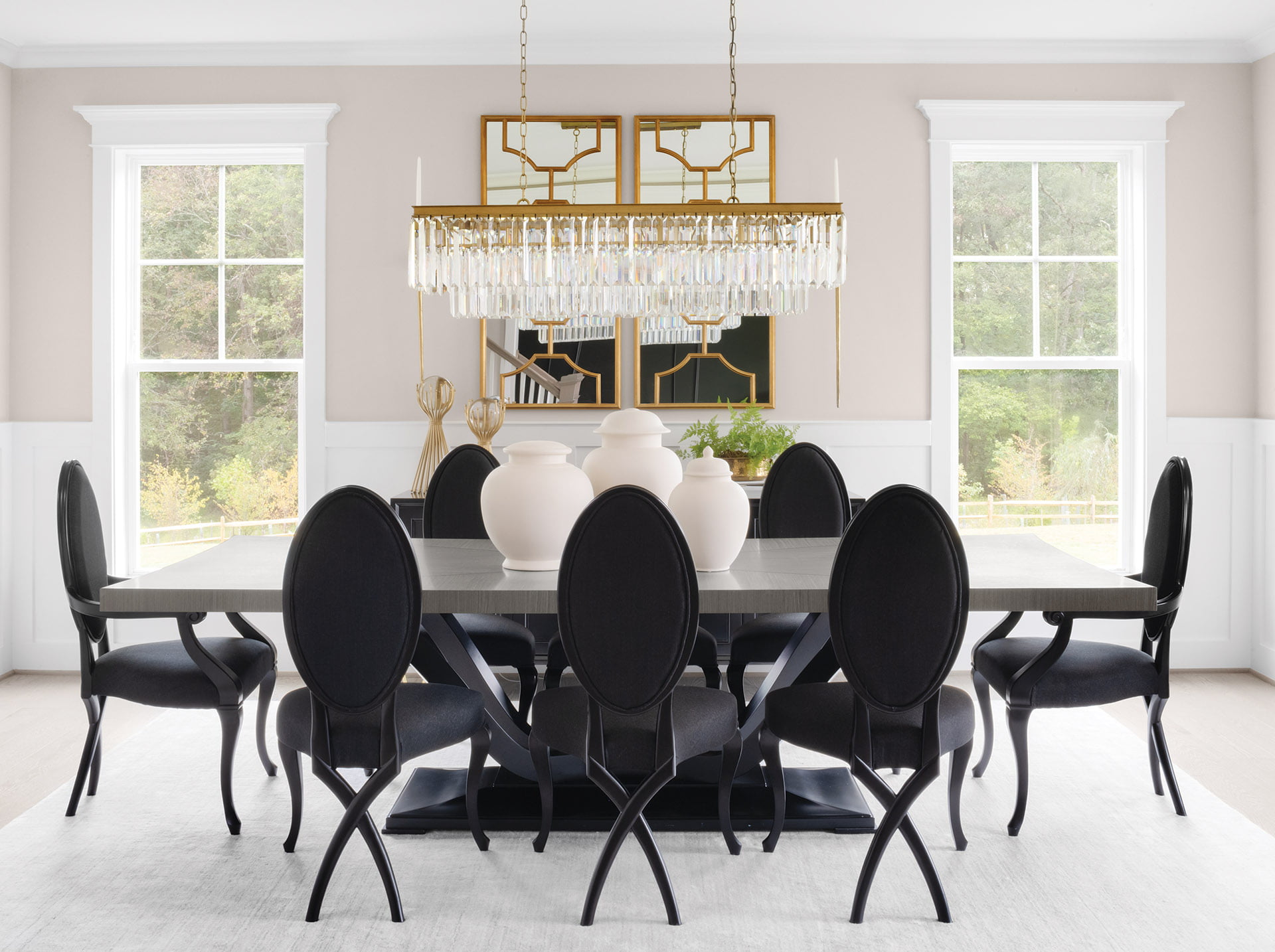 Craftsman-style Fairfax residence built by Evergreene Homes. Dining room with elegant Arhaus chandelier.