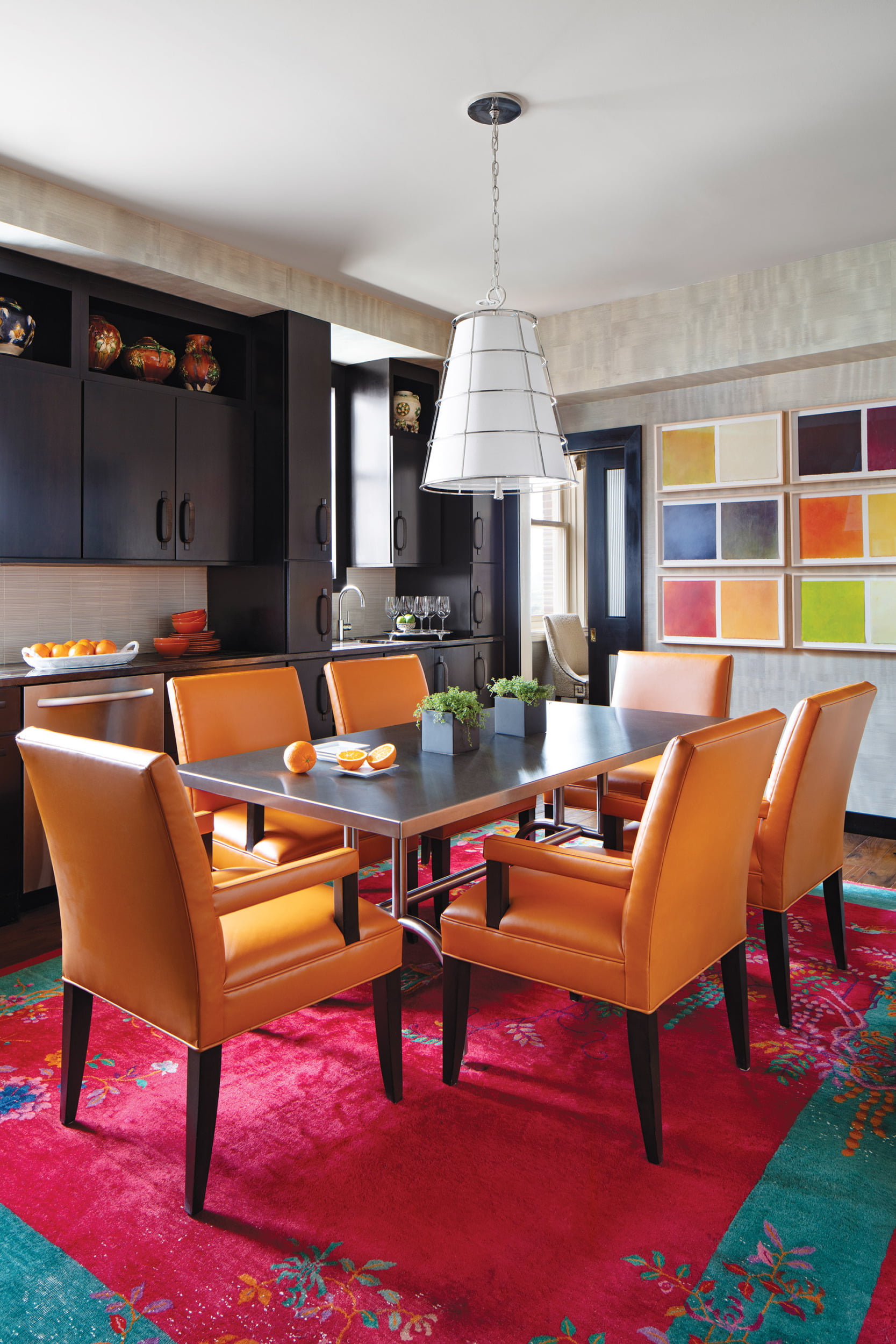 Bernhardt chairs in bright-orange Kravet leather