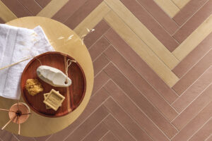 Marca Corona Longarine Calcecreta Porcelain Tiles in Spuma and Terracotta with Chevron Pattern