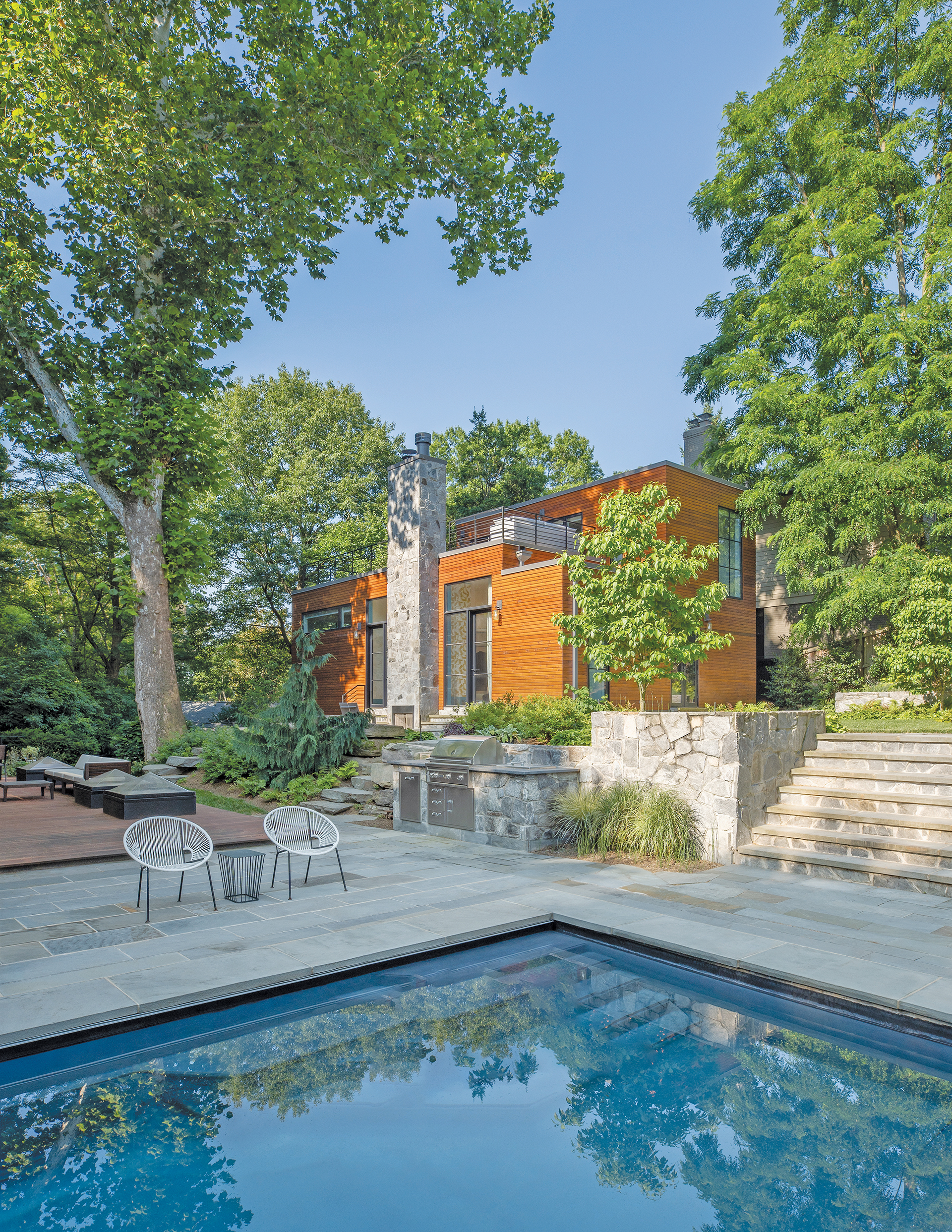 Sycamore tree surrounded by gravel terrace and stone steps | Home and Design Magazine
