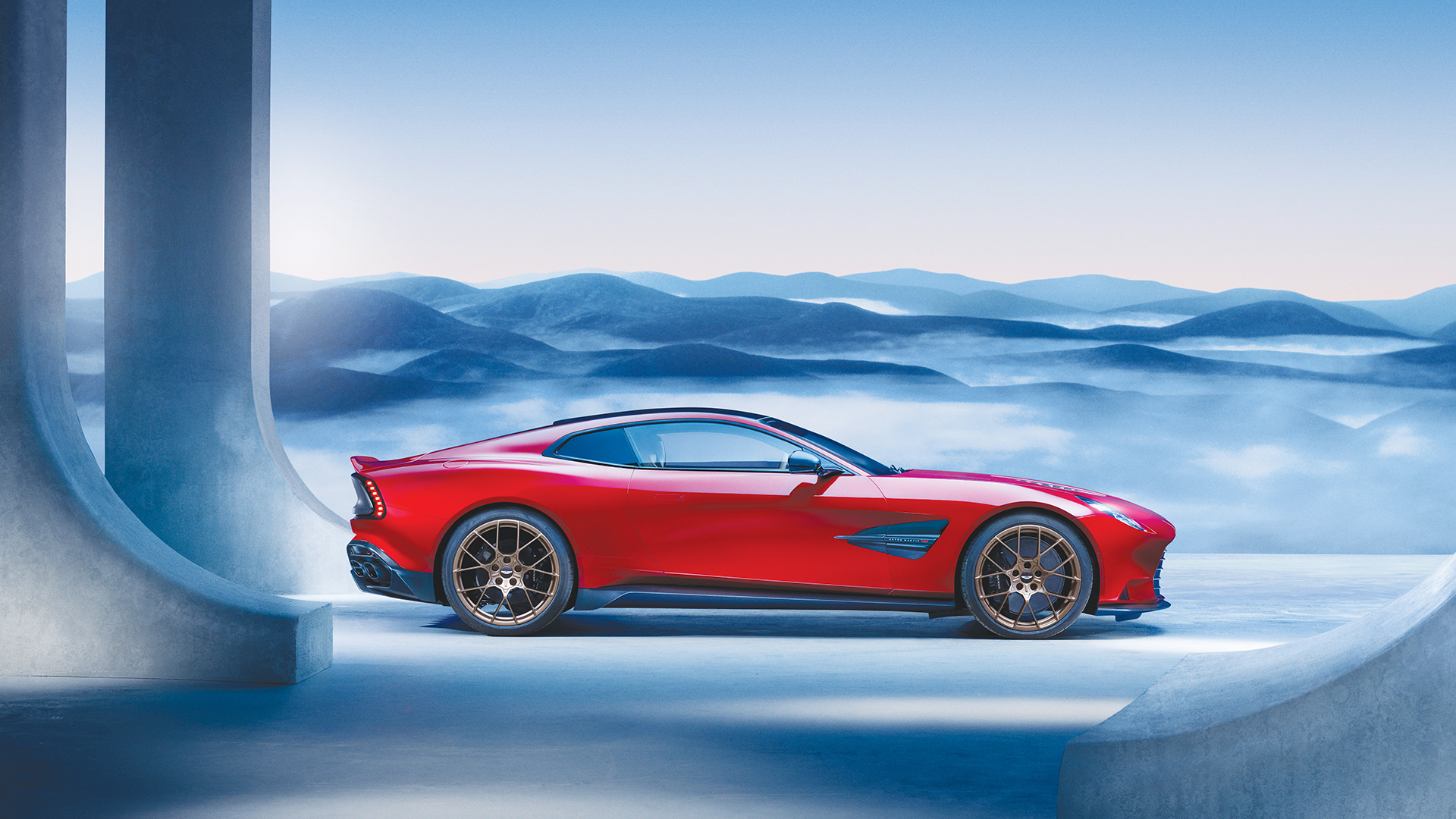 A sleek, aerodynamic Aston Martin Vanquish with a carbon-fiber body, showcasing its luxury design and powerful V12 engine