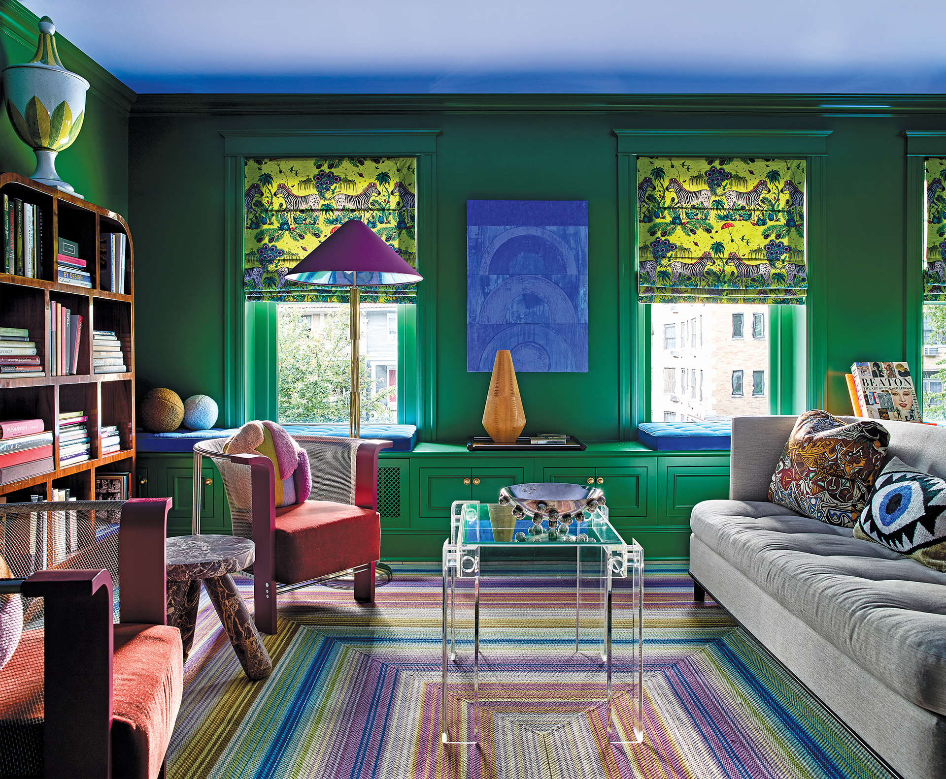 1980s armchairs in Kravet mohair paired with a blue painting | Home and Design Magazine