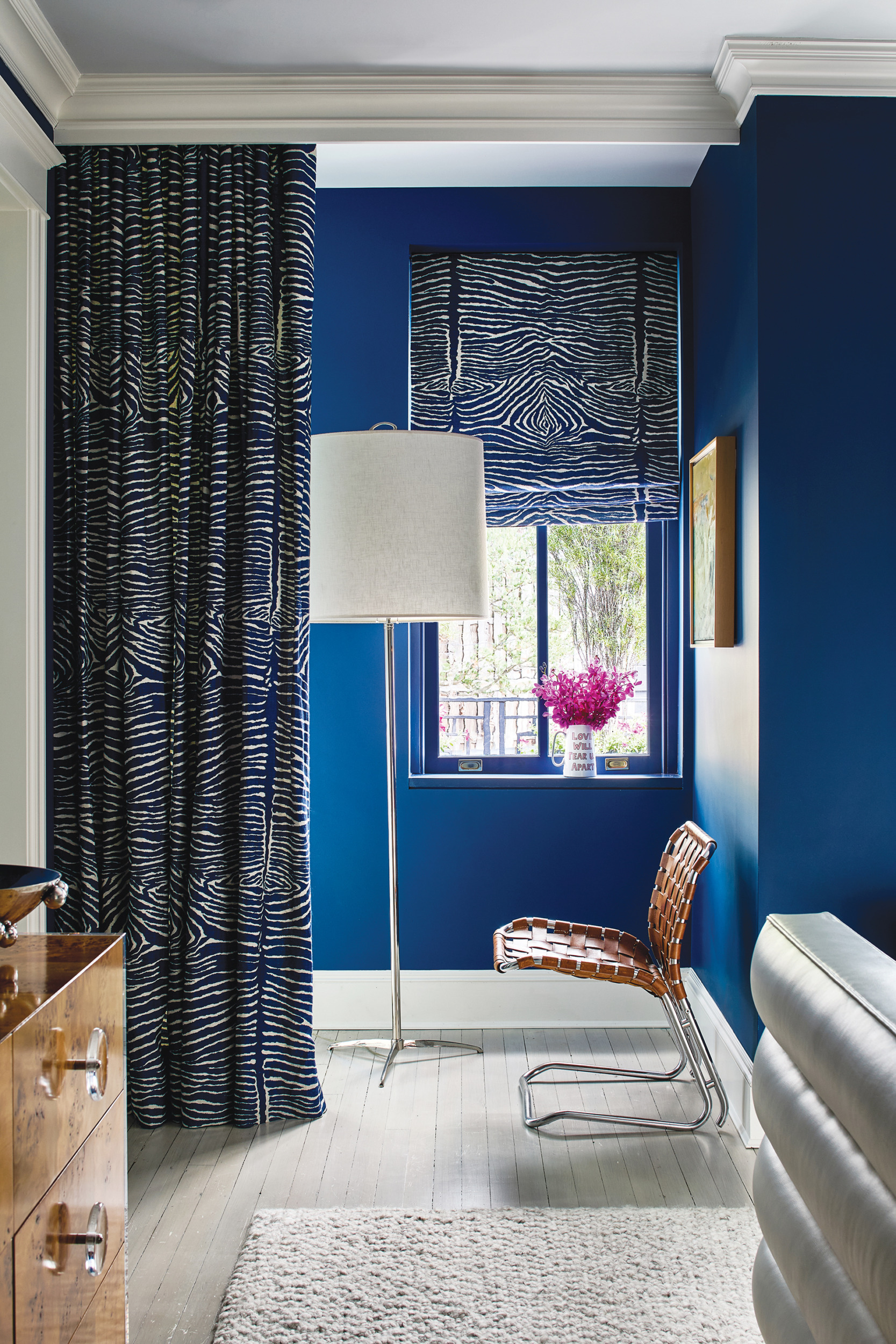 Corner alcove with Brunschwig & Fils drapery leading to the terrace | Home and Design Magazine.