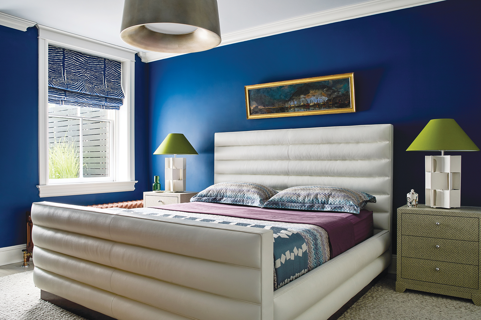 Primary suite featuring a Mariette Himes Gomez bed with Missoni linens | Home and Design Magazine