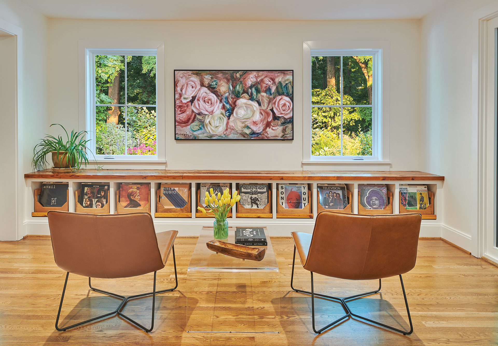 modern sitting room with vinyl record shelving
